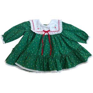 1980's Vintage Green Dainty Floral Dress with Lace and Ruffle Holiday 12 months